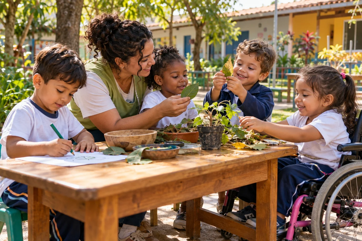 Cena ilustrativa de professora e crianças explorando folhas em uma mesa no jardim da escola